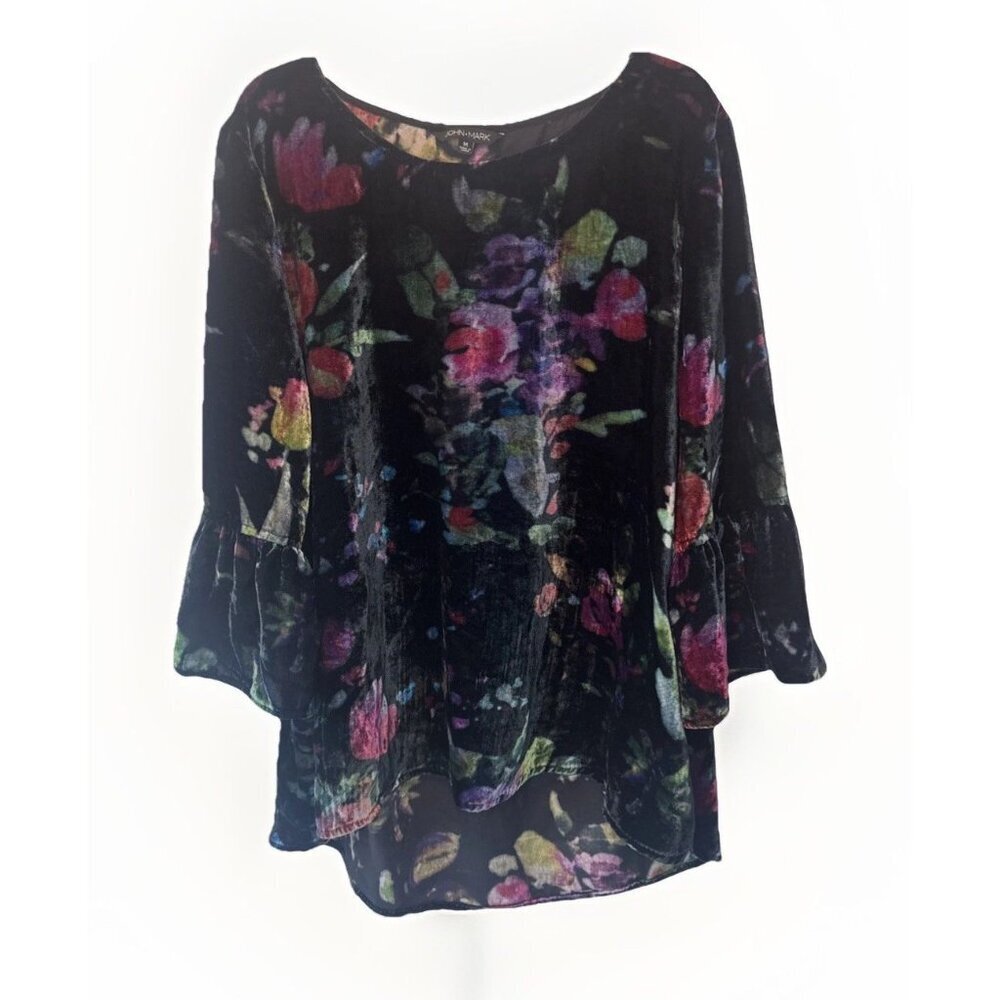 John Mark Womens Floral Velvet Burnout 3/4 Flare Sleeve Top Medium Whimsigoth